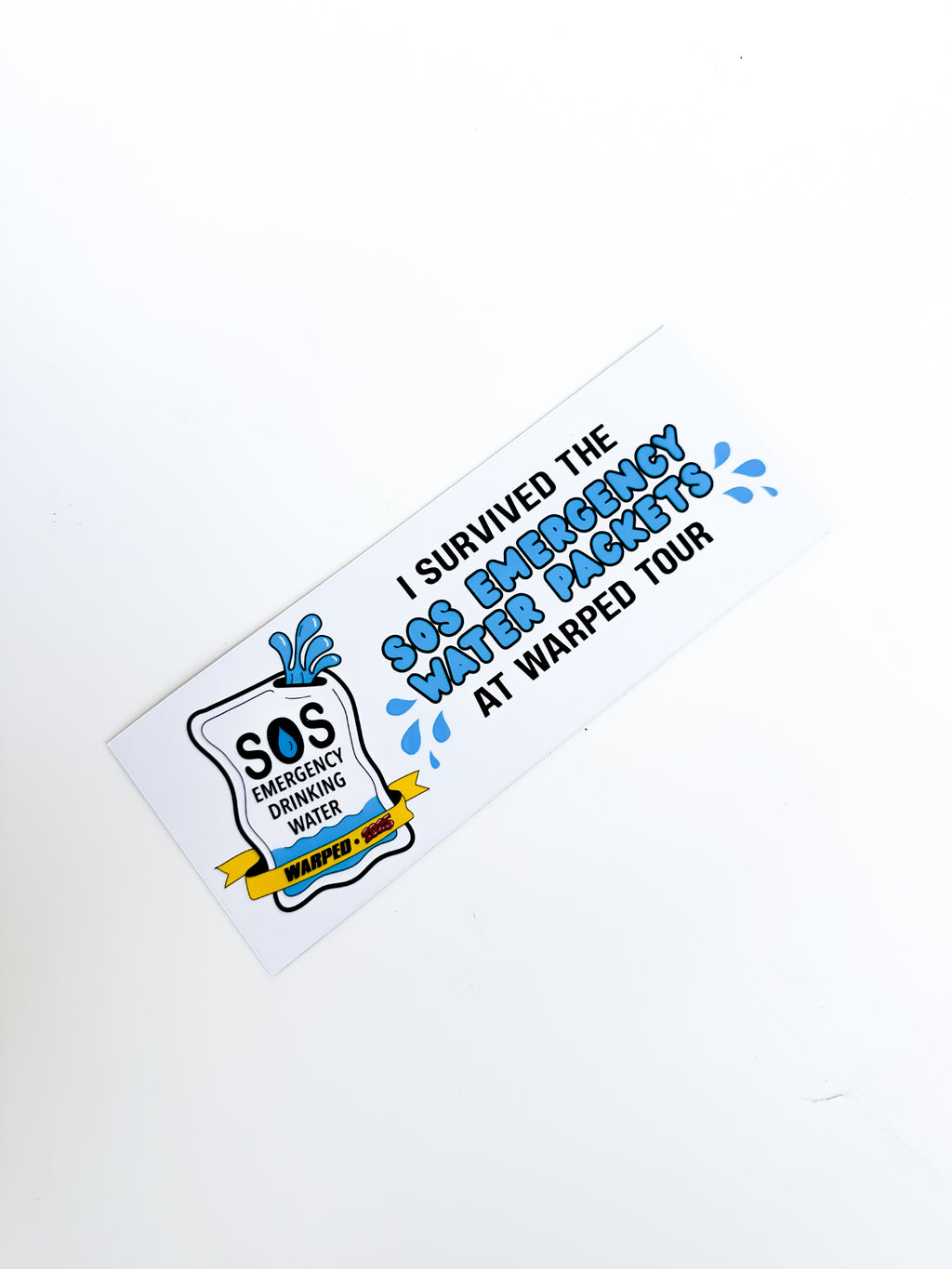 Car bumper magnet with image of SOS water packet and text "I survived the SOS Emergency Water Packets at Warped Tour"