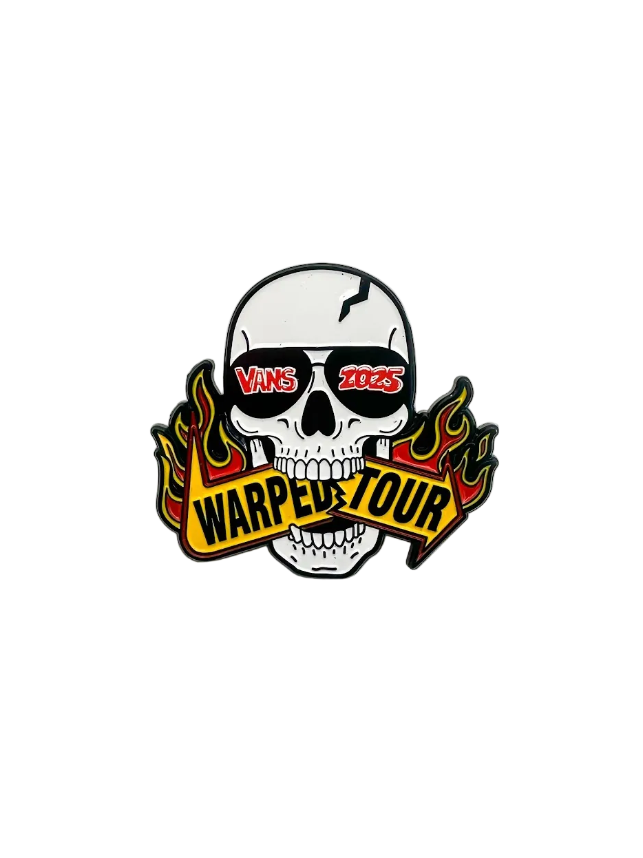 Skull with sunglass that read "Vans 2025" biting a sign that reads "Warped Tour"