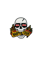 Skull with sunglass that read "Vans 2025" biting a sign that reads "Warped Tour"