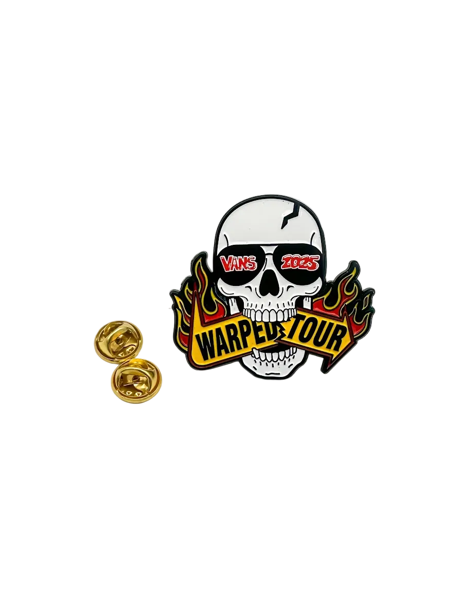 Skull with sunglass that read "Vans 2025" biting a sign that reads "Warped Tour" and two gold butterfly pin backs