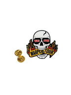 Skull with sunglass that read "Vans 2025" biting a sign that reads "Warped Tour" and two gold butterfly pin backs
