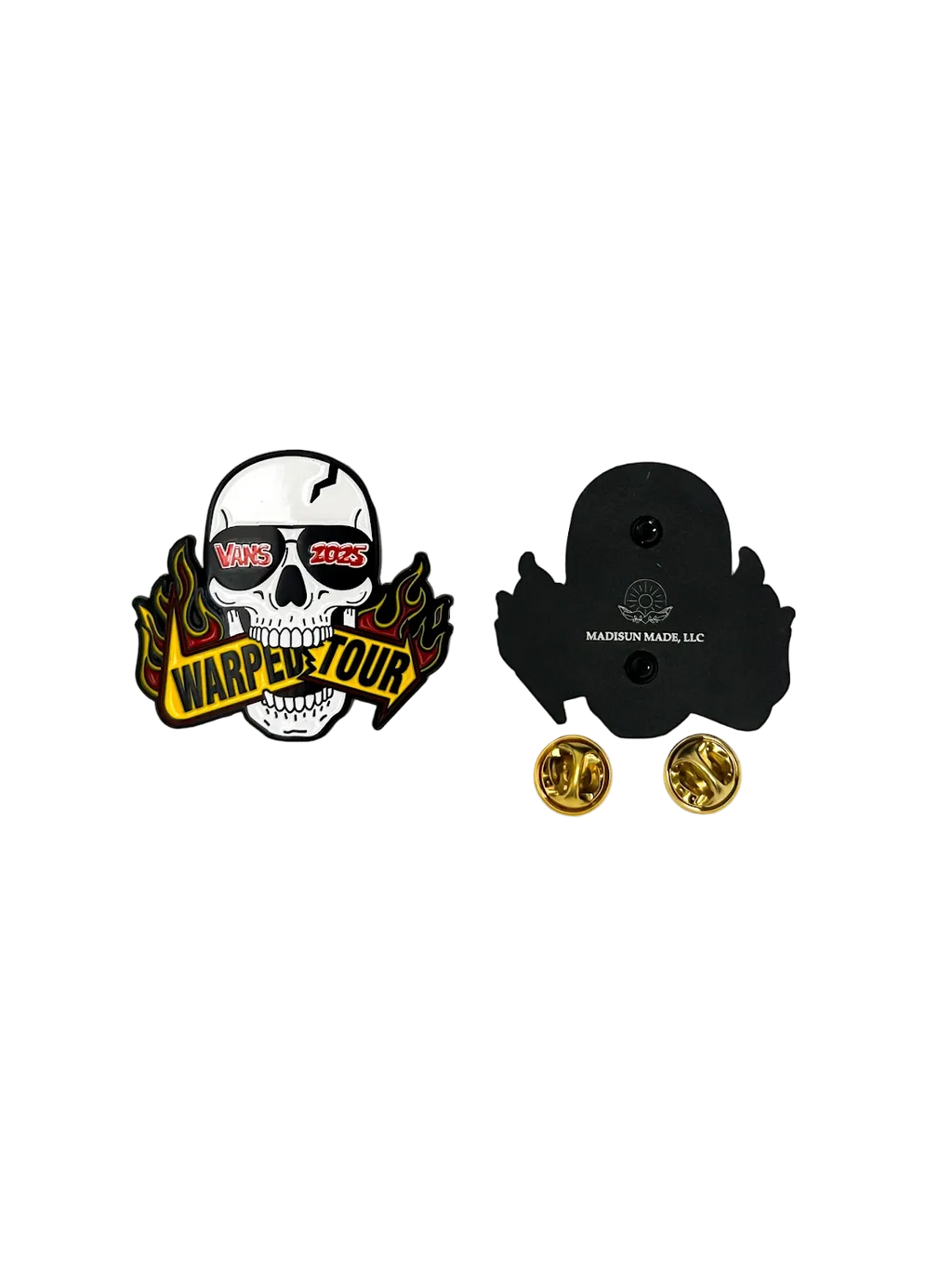 Skull with sunglass that read "Vans 2025" biting a sign that reads "Warped Tour" and the back of the enamel pin with two gold butterfly pin backs
