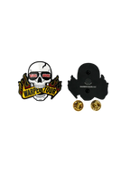 Skull with sunglass that read "Vans 2025" biting a sign that reads "Warped Tour" and the back of the enamel pin with two gold butterfly pin backs