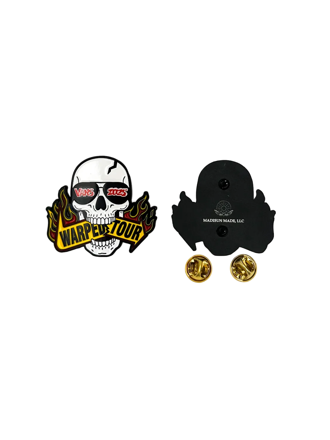 Skull with sunglass that read "Vans 2025" biting a sign that reads "Warped Tour" and the back of the enamel pin with two gold butterfly pin backs